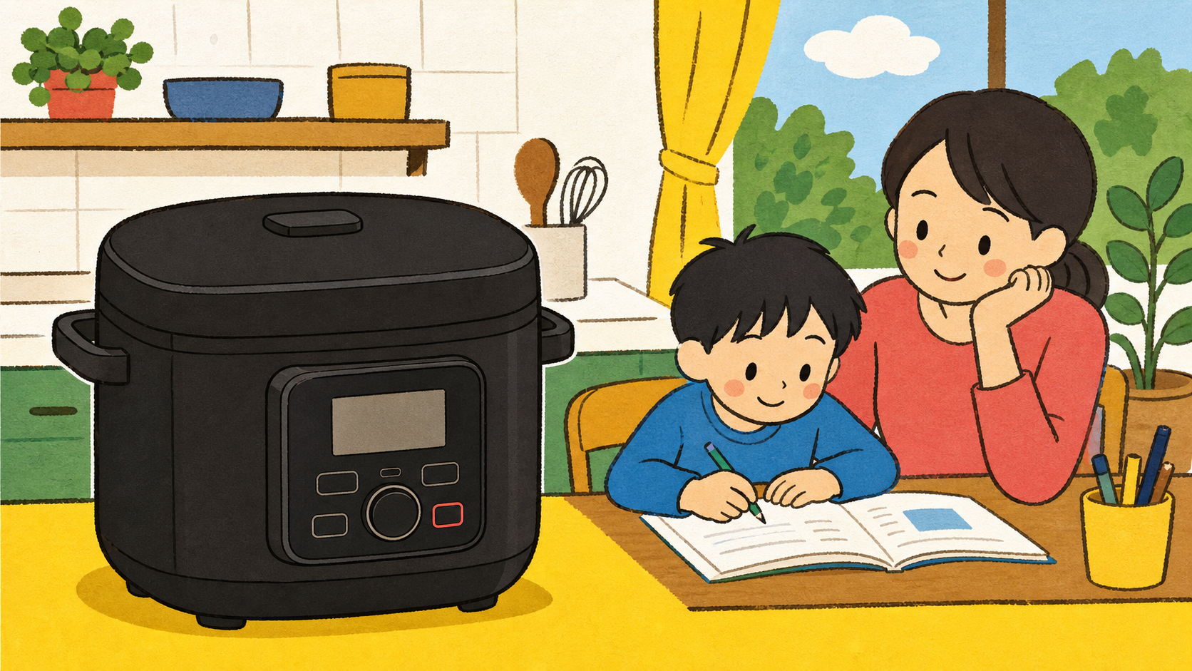 黒い自動調理鍋を使いながら、親が子どもの勉強を見守るイラスト